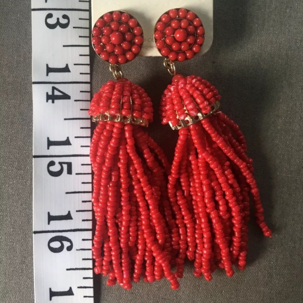 DESIGNER INSPIRED BEADED TASSEL EARRINGS RED 3.5”